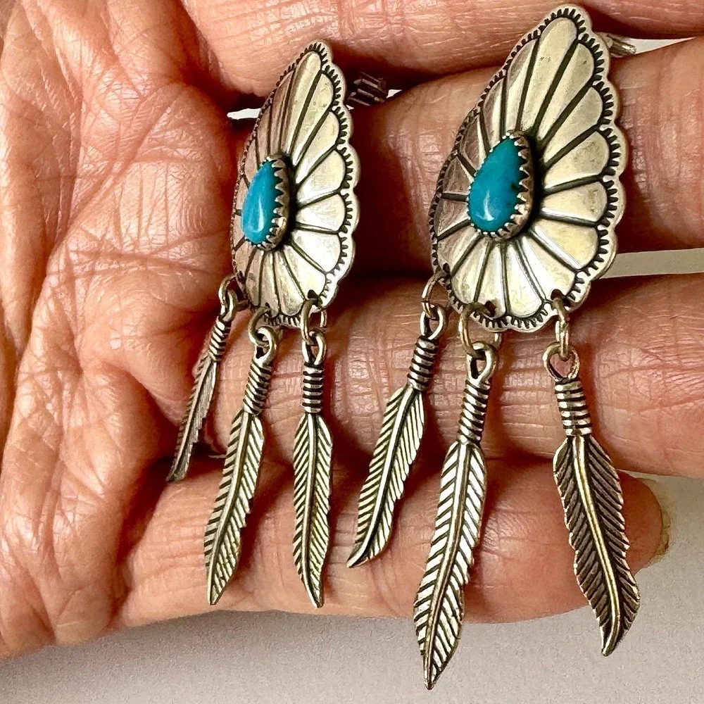 VTG Turquoise Earrings Signed Wheeler Feather Post Dangle Sterling USA Southwest
